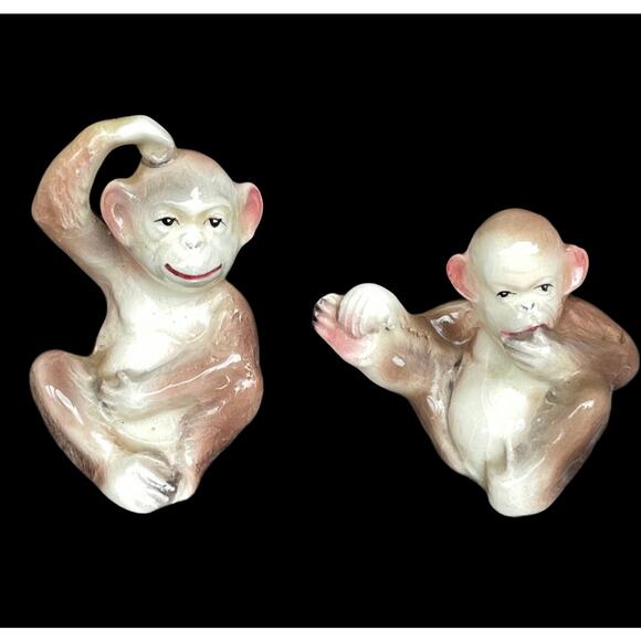 Vintage Monkey Salt & Pepper Shakers Ceramic Cork Plugs Made in Japan MCM Chimp - Picture 1 of 16